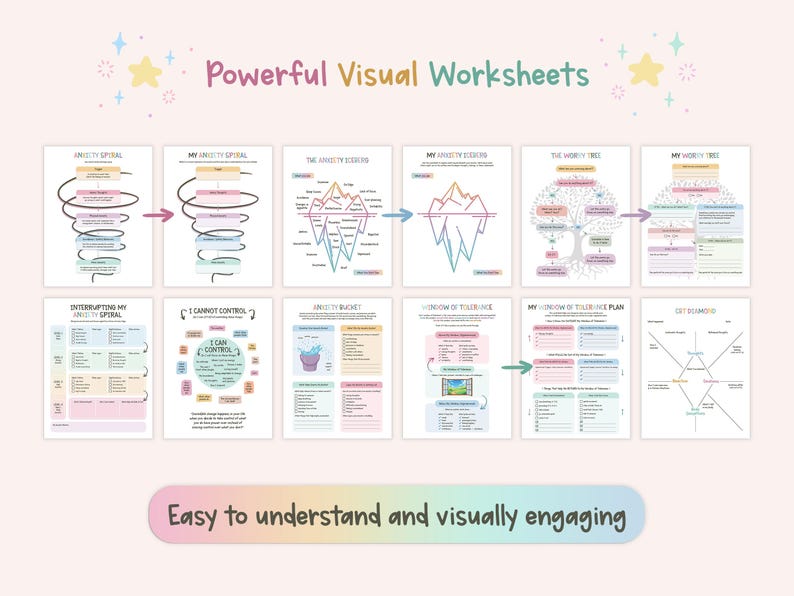 May include: A collection of twelve printable worksheets titled Powerful Visual Worksheets, featuring colourful diagrams and text including Anxiety Spiral, The Anxiety Iceberg, The Worry Tree, Interrupting My Anxiety Spiral, I Cannot Control, and Window of Tolerance.
