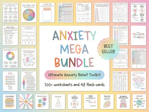 Anxiety Mega Bundle Printable, Anxiety Worksheets, CBT Tools, Coping Skills Workbook, Mental Health Planner, Coping Cards
