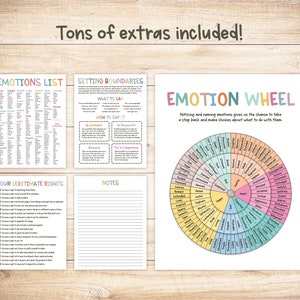 Op de afbeelding: Een set met printbare werkbladen met een kleurrijk emotierad, een lijst met emoties, een sectie over het stellen van grenzen en een lijst met legitieme rechten. De set met werkbladen is ontworpen om mensen te helpen hun emoties te begrijpen en te beheren.