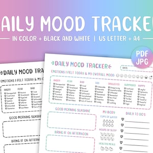 Peut inclure: Un suivi d'humeur quotidien imprimable avec un design color&eacute;. Le suivi comprend des sections pour les &eacute;motions ressenties, l'humeur g&eacute;n&eacute;rale, bon matin soleil, allez-y l'apr&egrave;s-midi, mon corps, &agrave; faire quotidiennement, tasses d'eau, heures de sommeil et repas sains.
