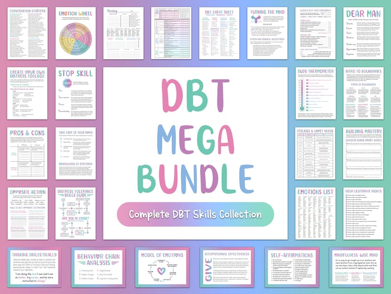 MEGA BUNDLE DBT, cahier d'exercices dbt, compétences dbt, feuille de travail de thérapie, ressources de conseil, outils de thérapie, santé mentale imprimable, cartes flash dbt image 1