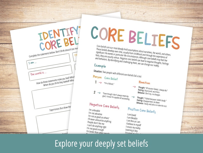 May include: A printable worksheet with colorful text that helps identify core beliefs. The worksheet includes a section for completing statements about yourself and the world, as well as examples of negative and positive core beliefs.
