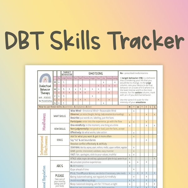 DBT Skills Tracker, Diary Card, Dialectical Behavior Therapy, Mood Tracker, BPD, Borderline Personality Disorder