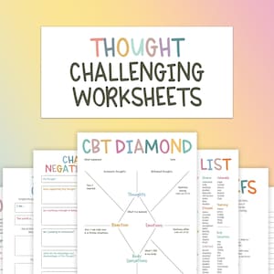 Thought Challenging Worksheets, CBT Therapy, Cognitive Restructuring, Mental Health Printable, Thought Processing, Cognitive Behavioral