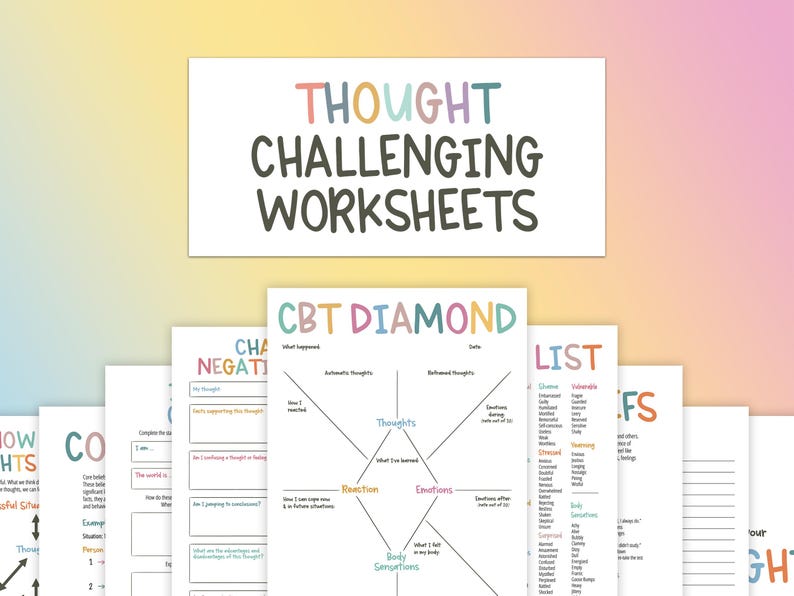 Thought Challenging Worksheets, CBT Therapy, Cognitive Restructuring, Mental Health Printable, Thought Processing, Cognitive Behavioral image 1