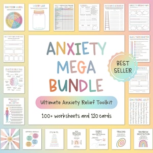 May include: A digital collection of mental health resources titled Anxiety Mega Bundle, featuring over 100 worksheets and 120 cards. The display includes various printable pages with colourful text, diagrams, and charts on a soft gradient background.