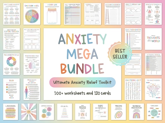 Anxiety Mega Bundle Printable, Anxiety Worksheets, CBT Tools, Coping Skills Workbook, Mental Health Planner, Coping Cards