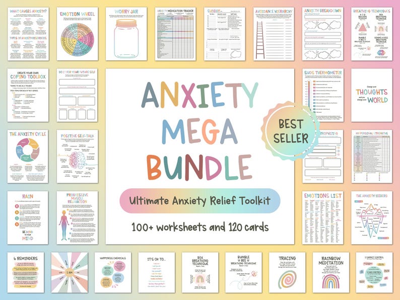 May include: A digital collection of mental health resources titled Anxiety Mega Bundle, featuring over 100 worksheets and 120 cards. The display includes various printable pages with colourful text, diagrams, and charts on a soft gradient background.