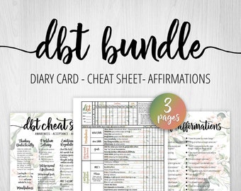 DBT Bundle, DBT Skills, Cheat Sheet, DBT Diary Card, Affirmations, bpd Sheets, Printable Mental Health, Therapy Worksheet, Mood Tracker