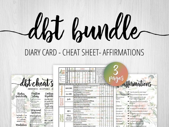 DBT Bundle, DBT Skills, Cheat Sheet, DBT Diary Card, Affirmations, bpd Sheets, Printable Mental Health, Therapy Worksheet, Mood Tracker