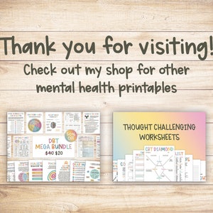 Puede incluir: Una descarga digital de hojas de trabajo imprimibles para la salud mental. Las hojas de trabajo incluyen un paquete DBT Mega con un 50% de descuento y hojas de trabajo de desaf&iacute;o de pensamiento con un diamante CBT.