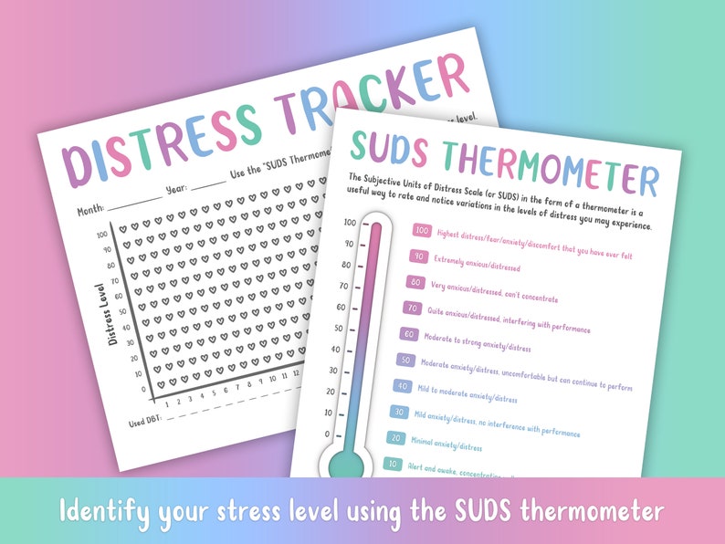 May include: A printable distress tracker and SUDS thermometer. The tracker is a grid with 12 columns and 10 rows. The SUDS thermometer is a vertical scale from 0 to 100 with descriptions of different levels of distress.