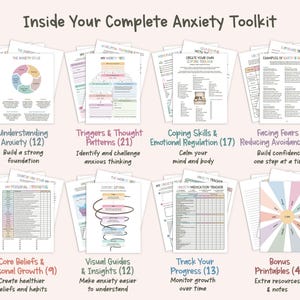 May include: A collection of printable worksheets titled Inside Your Complete Anxiety Toolkit, featuring charts, diagrams, and trackers for mental health. The pages include sections like Understanding Anxiety, Triggers, Coping Skills, and Progress Trackers.
