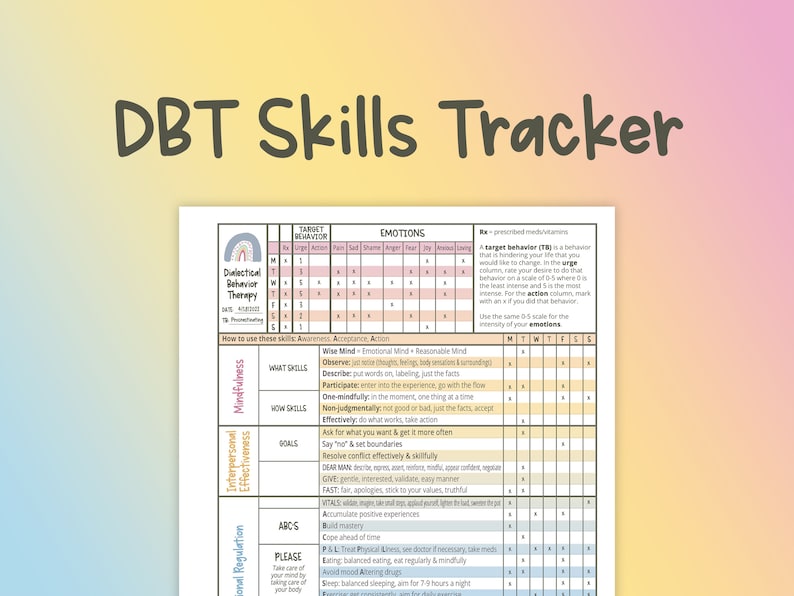 Op de afbeelding: Een printbare DBT-vaardigheden-tracker met een regenbooggrafiek bovenaan. De tabel bevat secties voor mindfulness, interpersoonlijke effectiviteit, emotionele regulatie en een sectie voor doelgedrag en emoties. De tabel is ontworpen om te helpen bij het bijhouden en beheren van emoties en gedrag.