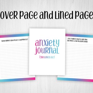 May include: A printable anxiety journal cover page with the text "anxiety journal" and a lined page with the prompt "What brings you peace & happiness?"