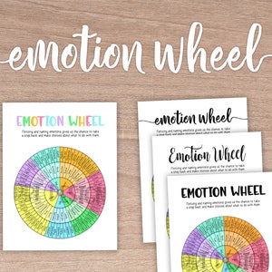 May include: Four printable emotion wheels with a colorful circular chart and the text "Emotion Wheel" and "Noticing and naming emotions gives us the chance to take a step back and make choices about what to do with them."