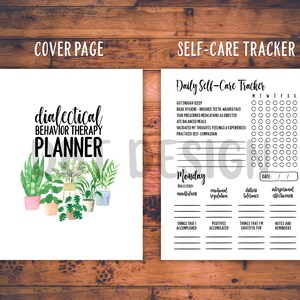 Puede incluir: Un planificador imprimible para la terapia conductual dial&eacute;ctica con una p&aacute;gina de portada que presenta una ilustraci&oacute;n de acuarela de plantas en macetas. El planificador incluye un rastreador diario de autocuidado con casillas de verificaci&oacute;n para actividades como dormir lo suficiente, practicar la autocompasi&oacute;n y la atenci&oacute;n plena.