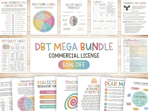 DBT MEGA bundle, COMMERCIAL license, dbt skills, dbt workbook, therapy worksheet, counselling resources, therapy tools, mental health print