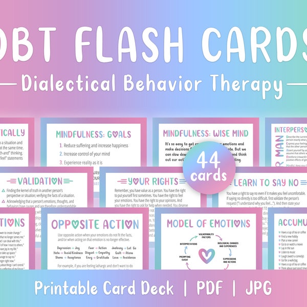 DBT Flash Cards, 44 Printable Cards, Self Help Cards, Coping Skills, BPD, Borderline, Depression, Anxiety, PTSD, Mental Health Printable