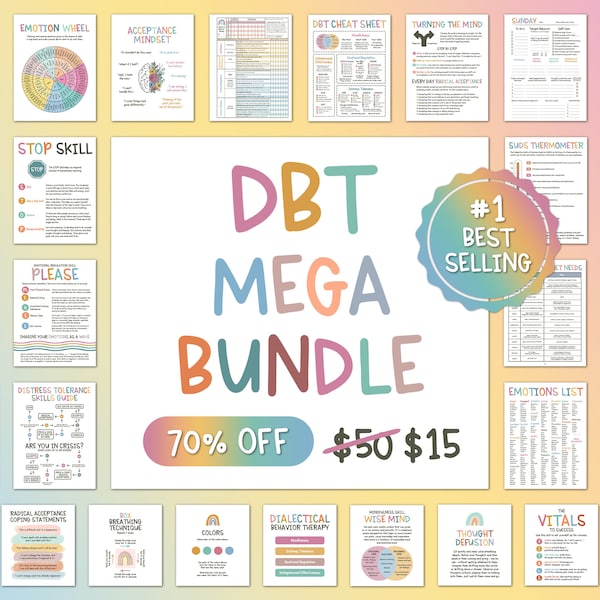 DBT MEGA BUNDEL, dbt-vaardigheden, dbt-werkboek, therapiewerkblad, counselingbronnen, therapiehulpmiddelen, afdrukbare geestelijke gezondheid, dbt-flashkaarten