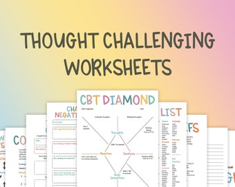 Thought Challenging Worksheets, CBT Therapy, Cognitive Restructuring, Mental Health Printable, Thought Processing, Cognitive Behavioral