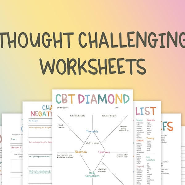 Thought Challenging Worksheets, CBT Therapy, Cognitive Restructuring, Mental Health Printable, Thought Processing, Cognitive Behavioral