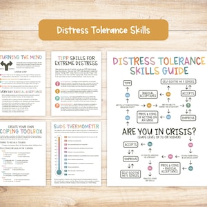 May include: A printable distress tolerance skills guide with a flowchart and a thermometer. The guide includes tips for managing difficult emotions and coping with stress. The flowchart includes steps for self-soothing, radical acceptance, and improving distress tolerance. The thermometer is a SUDS (Subjective Units of Distress Scale) to measure the intensity of distress.