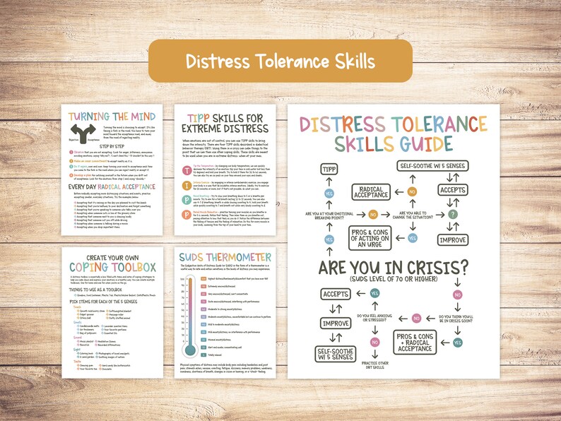 May include: A printable distress tolerance skills guide with a flowchart and a thermometer. The guide includes tips for managing difficult emotions and coping with stress. The flowchart includes steps for self-soothing, radical acceptance, and improving distress tolerance. The thermometer is a SUDS (Subjective Units of Distress Scale) to measure the intensity of distress.