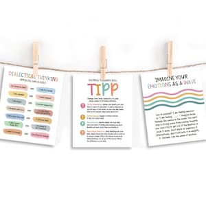 Op de afbeelding: Drie kleurrijke, afdrukbare kaarten met tips voor het omgaan met emoties. De eerste kaart heeft de titel "Dialectisch denken" en somt tegengestelde gedachten op die kunnen samenleven. De tweede kaart heeft de titel "Distress Tolerance Skill TIPP" en somt vier stappen op om stress te beheersen. De derde kaart heeft de titel "Stel je je emoties voor als een golf" en gebruikt een golfanalogie om te helpen bij het omgaan met emoties.