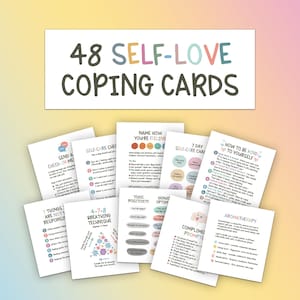 May include: A set of 48 self-love coping cards with self-care advice and prompts. The cards have colourful designs and text, including "Self-Care Check-In," "7 Day Self-Care Challenge," and "How to Be Kind to Yourself."