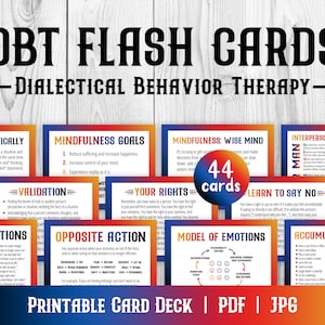 DBT-flashkaarten, 44 afdrukbare kaarten, zelfhulpkaarten, copingvaardigheden, BPS, borderline, depressie, angst, PTSD, geestelijke gezondheid afdrukbaar
