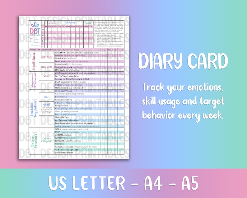 May include: A printable DBT Diary Card with a pink and blue gradient background. The card has a grid with columns for days of the week and rows for different DBT skills, including mindfulness, interpersonal effectiveness, emotional regulation, and distress tolerance. The card is designed to help track emotions, skill usage, and target behavior.