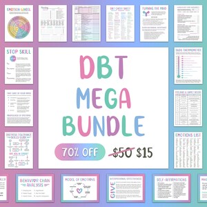 May include: A colorful digital download bundle of DBT worksheets and tools. The bundle includes worksheets for emotion regulation, distress tolerance, mindfulness, interpersonal effectiveness, and more. The text "DBT MEGA BUNDLE 70% OFF $50 $15" is displayed on the image.