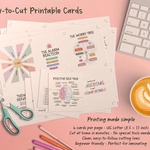 May include: A set of printable cards on A4-sized paper featuring mental health diagrams and text including The Alarm Reaction, The Worry Tree, and Positive Self-Talk. The sheets have clear cutting lines for easy separation of the individual cards.