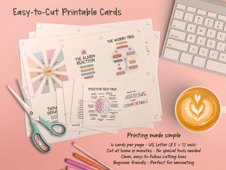 May include: A set of printable cards on A4-sized paper featuring mental health diagrams and text including The Alarm Reaction, The Worry Tree, and Positive Self-Talk. The sheets have clear cutting lines for easy separation of the individual cards.