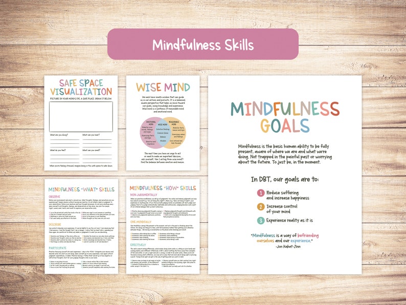 May include: A printable worksheet with colourful text and illustrations about mindfulness skills. The worksheet includes sections on safe space visualisation, wise mind, mindfulness what skills, and mindfulness how skills. It also includes a section on mindfulness goals with a quote about mindfulness.
