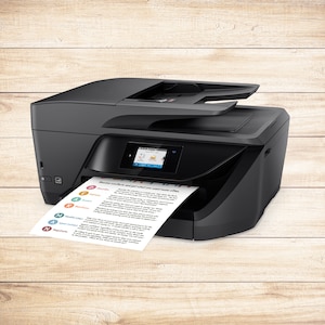 May include: A black all-in-one printer with a paper tray and a colour touchscreen display. The printer is printing a document with the text "More control and get what you want often."