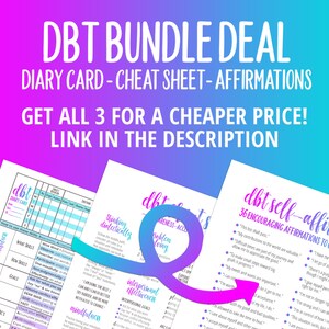 Puede incluir: Un gr&aacute;fico rosa y azul con el texto "DBT Bundle Deal" y "Diary Card - Cheat Sheet - Affirmations". El gr&aacute;fico tambi&eacute;n incluye el texto "&iexcl;Consigue los 3 por un precio m&aacute;s barato! Enlace en la descripci&oacute;n". El gr&aacute;fico tambi&eacute;n incluye tres im&aacute;genes de hojas de trabajo imprimibles con el texto "dbt diary card", "dbt thinking dialectically", "dbt self-affirmations".