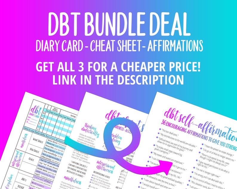 Puede incluir: Un gr&aacute;fico rosa y azul con el texto "DBT Bundle Deal" y "Diary Card - Cheat Sheet - Affirmations". El gr&aacute;fico tambi&eacute;n incluye el texto "&iexcl;Consigue los 3 por un precio m&aacute;s barato! Enlace en la descripci&oacute;n". El gr&aacute;fico tambi&eacute;n incluye tres im&aacute;genes de hojas de trabajo imprimibles con el texto "dbt diary card", "dbt thinking dialectically", "dbt self-affirmations".