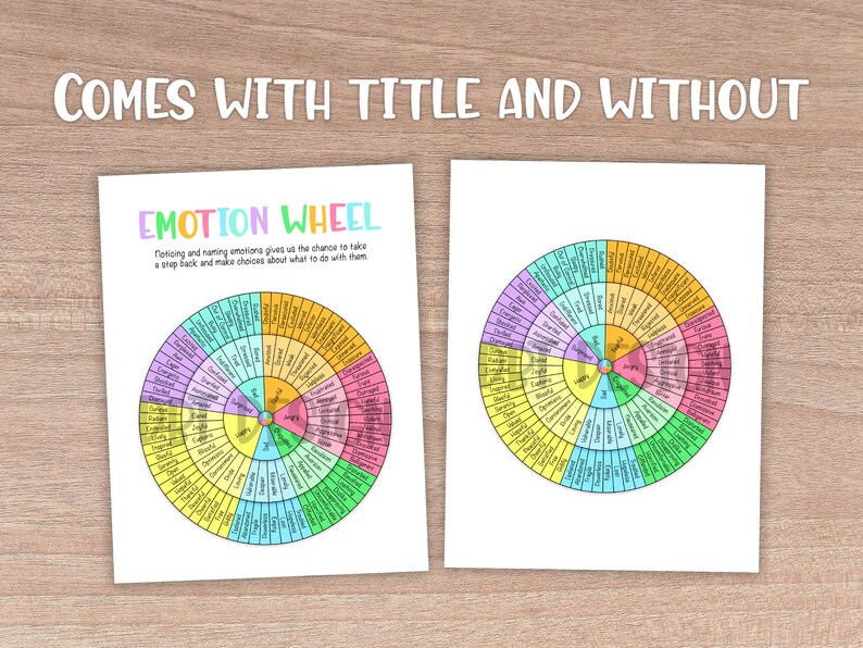 May include: A printable emotion wheel with a colorful circular design. The wheel is divided into sections with different emotions listed in each section. The text "EMOTION WHEEL" is at the top of the wheel. The text "Noticing and naming emotions gives us the chance to take a step back and make choices about what to do with them." is below the wheel.