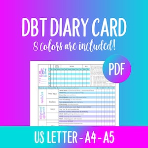 Cartão diário DBT, BPD, PTSD, ansiedade, depressão, bipolar, imprimível, rastreador, referência, terapia comportamental dialética, folha dbt