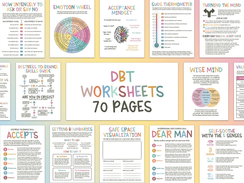Op de afbeelding: Een set van 70 printbare DBT-werkbladen in een kleurrijk ontwerp. De werkbladen bevatten titels zoals "Distress Tolerance Skills Guide", "Acceptatie Mindset", "Wise Mind", "Turning the Mind", "Emotion Wheel", "Suds Thermometer", "Setting Boundaries", "Safe Space Visualisation", "Interpersonal Effectiveness Skill: Dear Man", "Self-Soothe with the 5 Senses", en "Distress Tolerance Skill: Accepts".