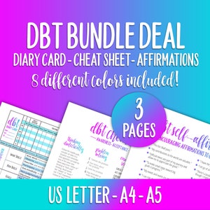 Paquete DBT, Tarjeta de diario DBT, Hoja de trucos, Afirmaciones positivas, bpd, Límite, Habilidades DBT, hoja dbt, Rastreador de estado de ánimo, Salud mental