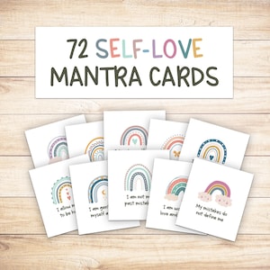 72 tarjetas de mantras de amor propio, imprimibles de amor propio, autocuidado, productos digitales, tarjetas terapéuticas, gratitud, atención plena, afirmaciones positivas