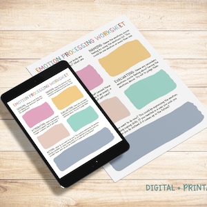 Puede incluir: Una hoja de trabajo imprimible con un dise&ntilde;o colorido, titulada "Emotion Processing Worksheet". La hoja de trabajo est&aacute; dividida en secciones con encabezados como "Naming", "Sensing", "Attributing", "Evaluating" y "Acting".