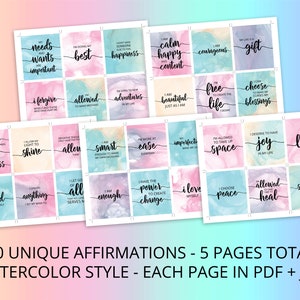K&ouml;nnte beinhalten: Drei&szlig;ig Aquarell-Affirmationskarten mit positiven Botschaften. Die Karten sind in einem rosa, blauen und gr&uuml;nen Farbschema gehalten. Die Karten sind in f&uuml;nf Reihen mit jeweils sechs Karten angeordnet. Die Karten sind mit S&auml;tzen wie "Ich darf Fehler machen", "Ich entscheide mich, stolz auf mich selbst zu sein", und "Ich bin genug" bedruckt.