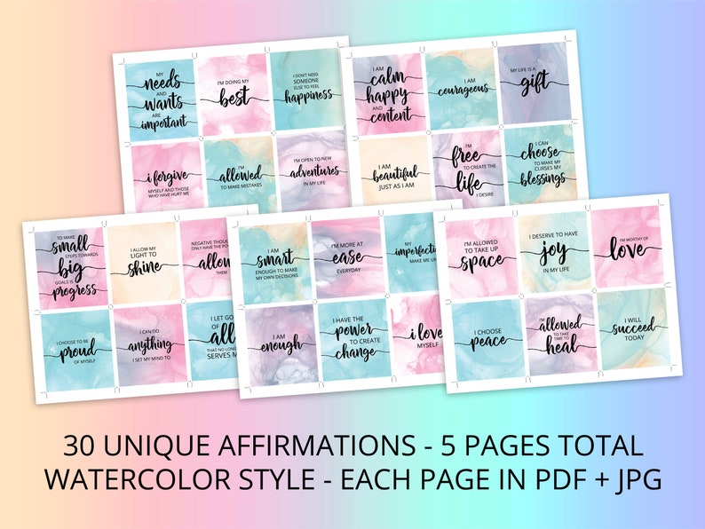 K&ouml;nnte beinhalten: Drei&szlig;ig Aquarell-Affirmationskarten mit positiven Botschaften. Die Karten sind in einem rosa, blauen und gr&uuml;nen Farbschema gehalten. Die Karten sind in f&uuml;nf Reihen mit jeweils sechs Karten angeordnet. Die Karten sind mit S&auml;tzen wie "Ich darf Fehler machen", "Ich entscheide mich, stolz auf mich selbst zu sein", und "Ich bin genug" bedruckt.