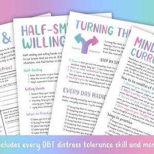May include: A set of printable worksheets with colorful backgrounds and text. The worksheets are titled "Pros & Cons", "Half-Smiling & Willing", "Turning the Mind", and "Mindfulness of Current Thoughts". The worksheets contain tips and techniques for managing difficult emotions and thoughts.