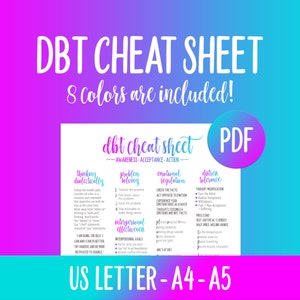 DBT Cheat Sheet, BPD, Borderline, PTSD, bipolar, depression, anxiety, reference, printable, printout, sheet, dialectical behavior therapy