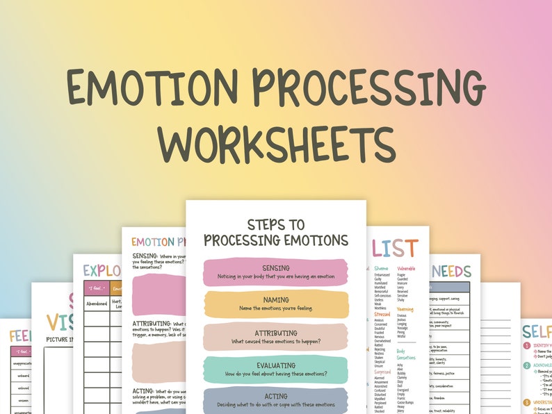 Puede incluir: Un conjunto de hojas de trabajo imprimibles para procesar emociones. Las hojas de trabajo se titulan "Pasos para procesar emociones", "Procesamiento de emociones", "Lista", "Necesidades" y "Autocuidado". Las hojas de trabajo incluyen indicaciones para sentir, nombrar, atribuir, evaluar y actuar sobre las emociones.